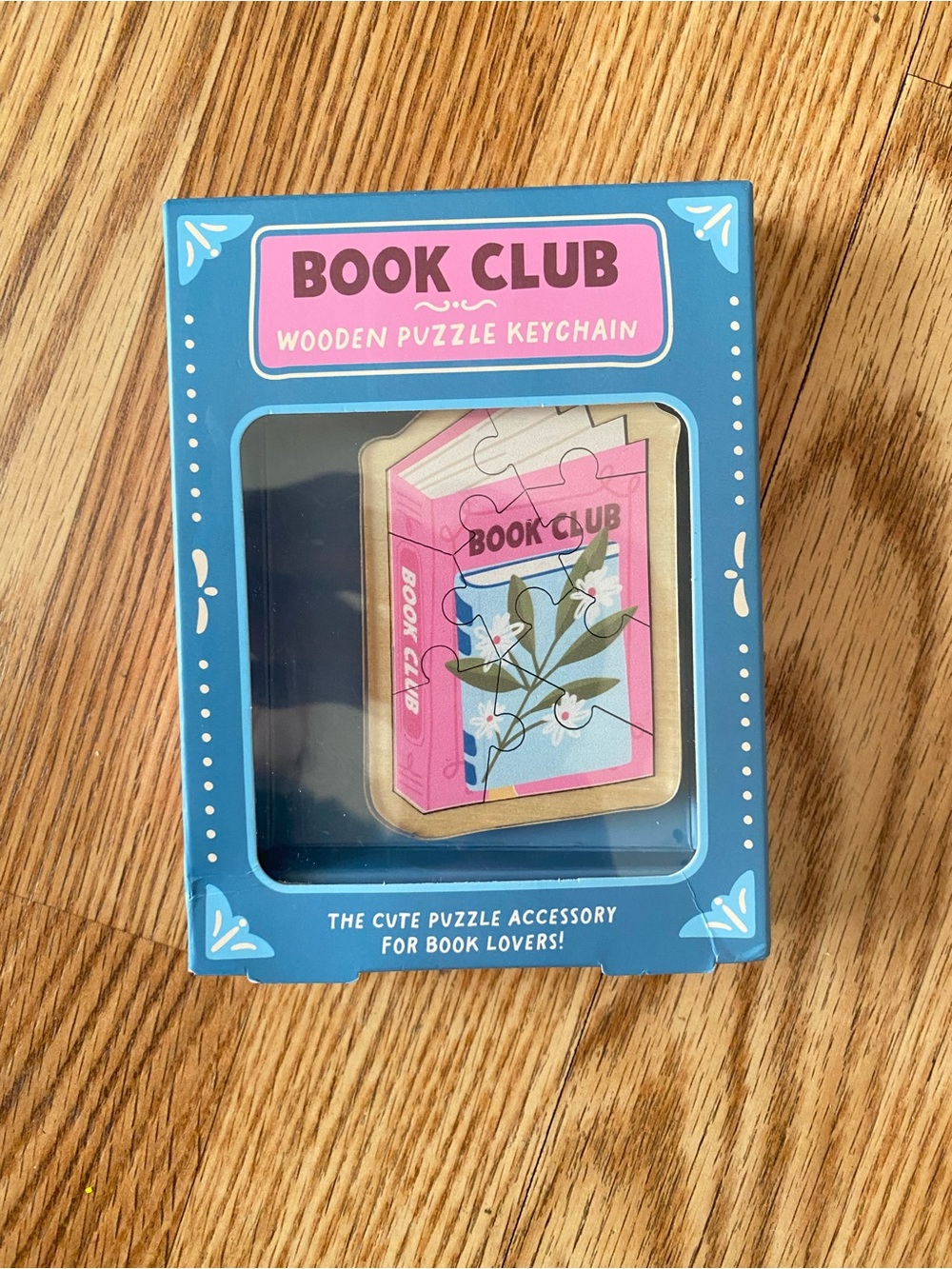 Book Club Wooden Puzzle Keychain - Pink & Blue